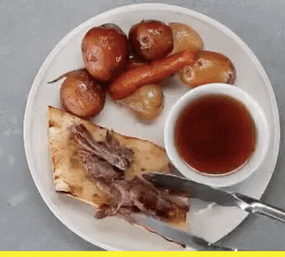 A White Plate Topped With Meat Potatoes And A Bowl Of Syrup GIF