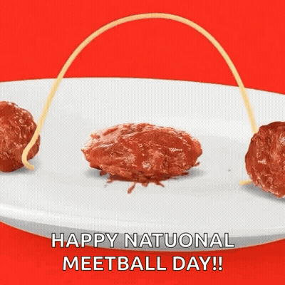 A White Plate Topped With Meatballs And Spaghetti Says Happy National Meatball Day ! GIF