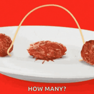 A White Plate With Spaghetti And Meatballs On It With The Words How Many Written On The Bottom GIF