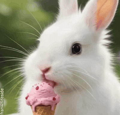 A White Rabbit Eating A Pink Ice Cream Cone From Franwhites GIF