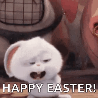 A White Rabbit From The Secret Life Of Pets Is Sitting On A Table With Its Mouth Open . GIF