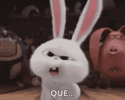 A White Rabbit From The Secret Life Of Pets Is Standing On A Wooden Floor With Its Mouth Open . GIF