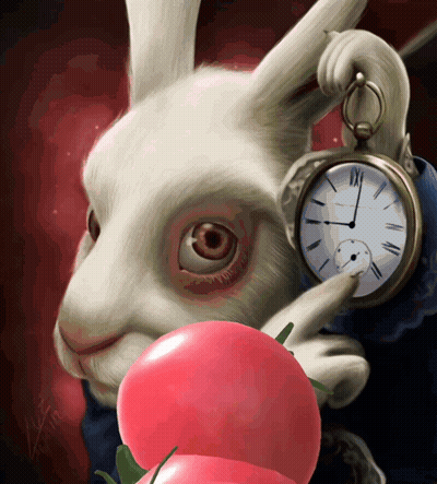 A White Rabbit Holding A Pocket Watch And A Red Apple GIF