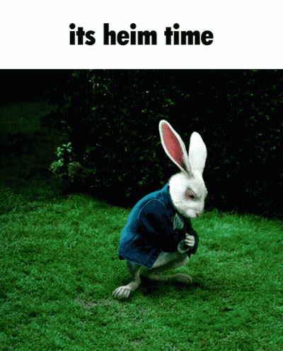 A White Rabbit In A Blue Jacket Is Kneeling In The Grass With The Words " Its Hein Time " Below It GIF