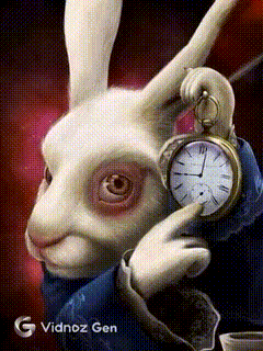 A White Rabbit Is Holding A Pocket Watch And Pointing At It 'S Face GIF
