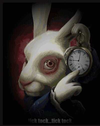 A White Rabbit Is Holding A Pocket Watch And The Words " Tick Tock Tick Tock " Are Below It GIF