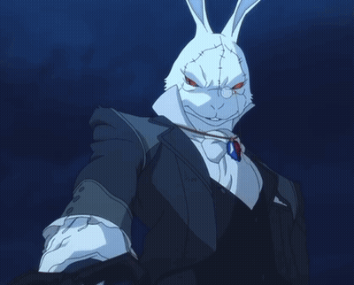 A White Rabbit Wearing A Suit And Tie With A Blue Necklace GIF