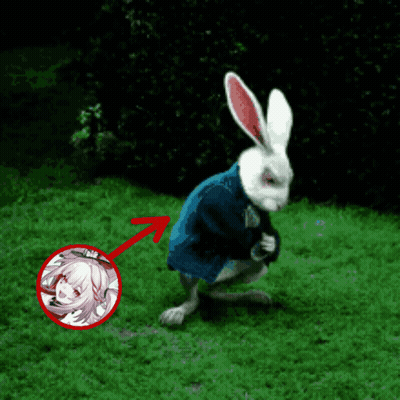 A White Rabbit With A Red Arrow Pointing To A Girl GIF