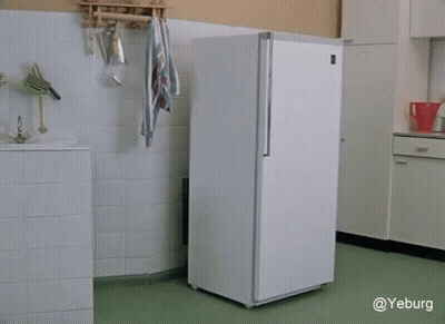 A White Refrigerator In A Kitchen With The Words Yeburg At The Top GIF