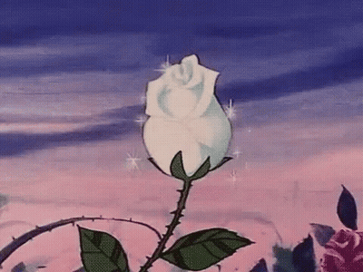 A White Rose With Thorns And Leaves Is Against A Pink And Blue Sky In A Cartoon . GIF