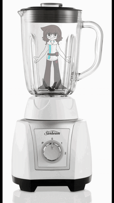 A White Sinbeam Blender With A Cartoon Character On It GIF