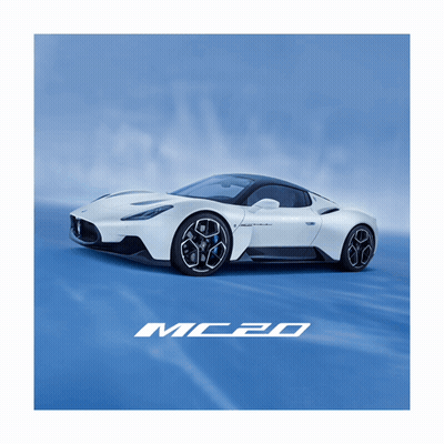 A White Sports Car On A Blue Background With The Word Mc20 Below It GIF
