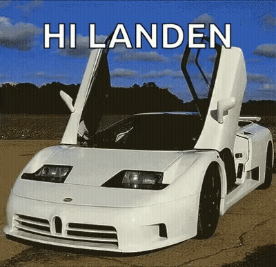 A White Sports Car With The Hood Open And The Words Hi Landen Above It GIF