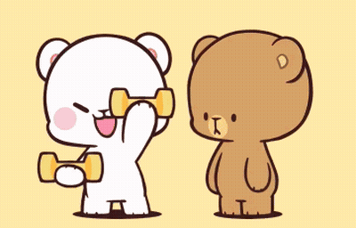 A White Teddy Bear Is Lifting A Yellow Dumbbell While A Brown Teddy Bear Looks On GIF
