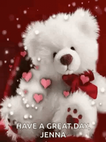 A White Teddy Bear Is Sitting On A Red Surface With Hearts Around It . GIF