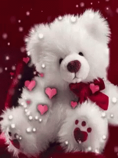 A White Teddy Bear Is Surrounded By Pink Hearts And Pearls On A Red Background GIF