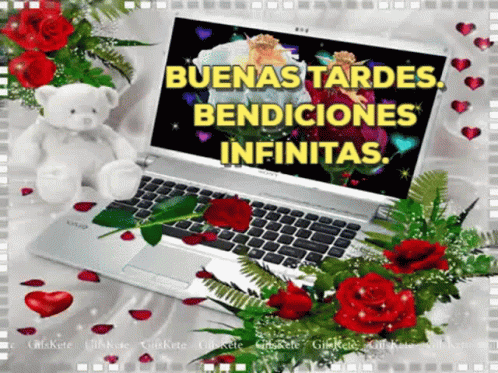 A White Teddy Bear Sits Next To A Laptop With The Words Buenas Tardes Bendiciones Infinitas GIF