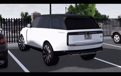 A White Terrazin Traveler Is Parked In A Parking Lot With Other Cars GIF