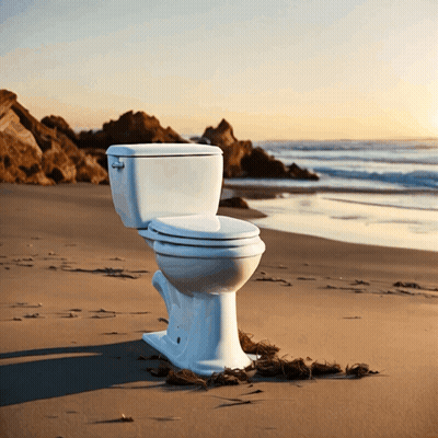 A White Toilet Sits On The Beach Near The Ocean GIF