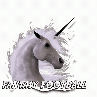 A White Unicorn With A Football Sticking Out Of Its Horn And The Words Fantasy Football Below It GIF