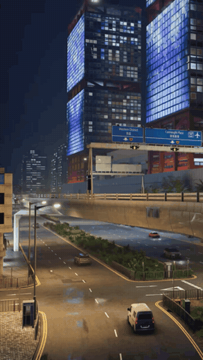 A White Van Is Driving Down A Highway Under A Blue Sign That Says Causeway Bay GIF