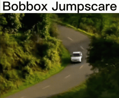 A White Van Is Driving Down A Road With The Words Bobbox Jumpscare Written Above It GIF