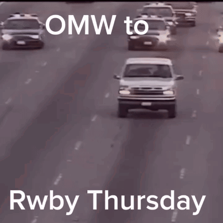 A White Van Is Driving Down A Road With The Words Omw To Rwby Thursday Written On The Bottom GIF
