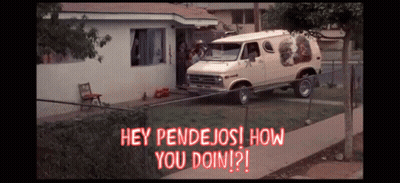 A White Van Is Parked In Front Of A House With The Words Hey Pendejos How You Doin GIF