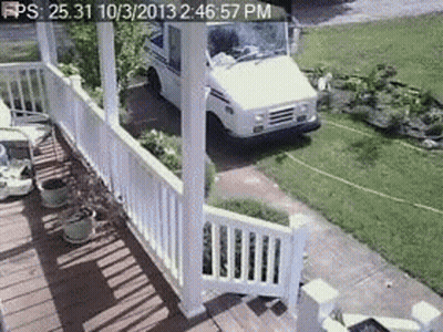 A White Van Is Parked In Front Of A Porch With The Time Of 2:46 57 Pm GIF