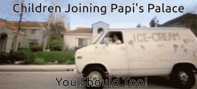 A White Van That Says Children Joining Papi 'S Palace On The Side Of It GIF