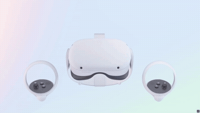 A White Virtual Reality Headset With A Pair Of Controllers Attached To It GIF