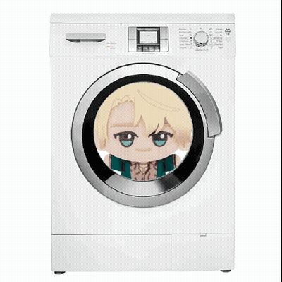 A White Washing Machine With A Picture Of A Girl In The Door GIF