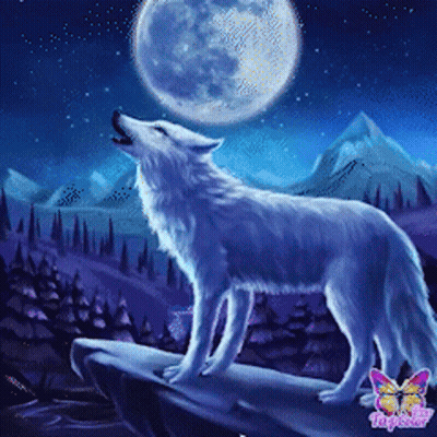 A White Wolf Is Howling At The Moon In A Painting GIF