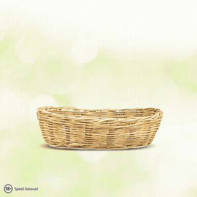 A Wicker Basket Filled With Golden Eggs And The Words Speel Bewust Below GIF