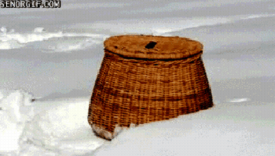 A Wicker Basket Sitting In The Snow With Senorgif.com Written On The Bottom GIF