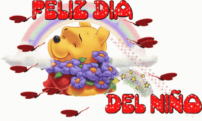 A Winnie The Pooh Bear With Flowers Around His Neck And The Words " Feliz Dia Del Niño " GIF