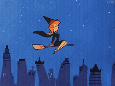 A Witch Is Flying On A Broom Over A City At Night . GIF