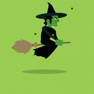 A Witch Is Flying On A Broom With Bats Flying Around Her GIF