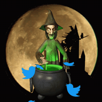 A Witch Is Stirring A Green Liquid In A Cauldron With Twitter Birds Flying Around Her GIF