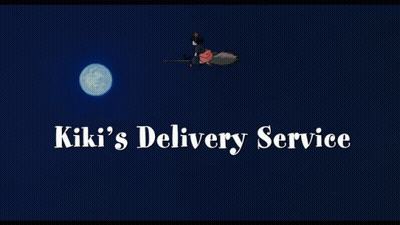 A Witch On A Broom With The Words Kiki 'S Delivery Service Above Her GIF