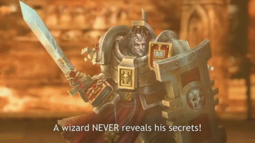 A Wizard Holding A Sword And Shield With The Words " A Wizard Never Reveals His Secrets " Above Him GIF