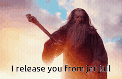 A Wizard With A Beard Is Holding A Wand And Says I Release You From Jar Jail GIF