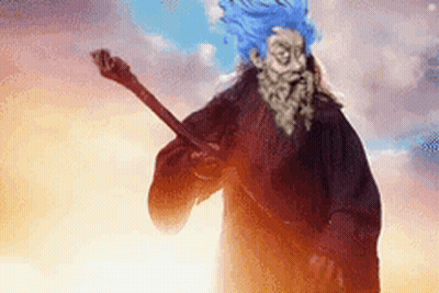 A Wizard With Blue Hair And A Beard Is Holding A Sword In His Hand . GIF