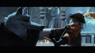 A Wolf And A Fox Standing Next To Each Other In A Dark Room GIF