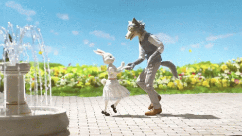 A Wolf And A Rabbit Are Holding Hands In Front Of A Fountain GIF