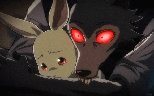 A Wolf And A Rabbit With Red Eyes Looking At The Camera GIF