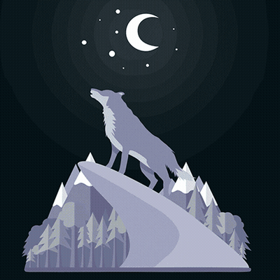 A Wolf Howling At The Moon With A Crescent Moon In The Sky GIF