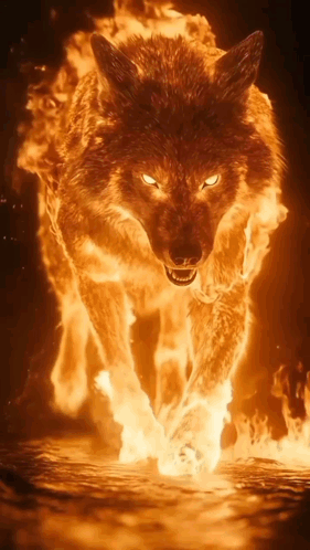 A Wolf Is Surrounded By Flames And Looks Like It Is On Fire GIF