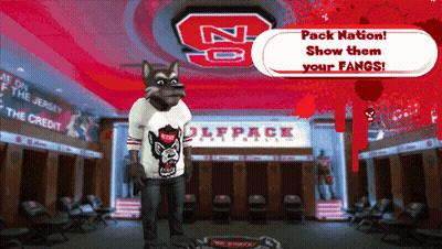 A Wolf Mascot Stands In A Locker Room With The Words Pack Nation Show Them Your Fangs GIF