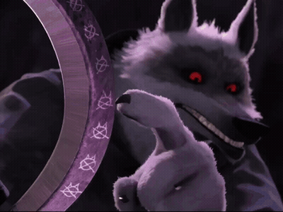 A Wolf With Red Eyes Is Holding A Stuffed Animal In Front Of A Mirror GIF
